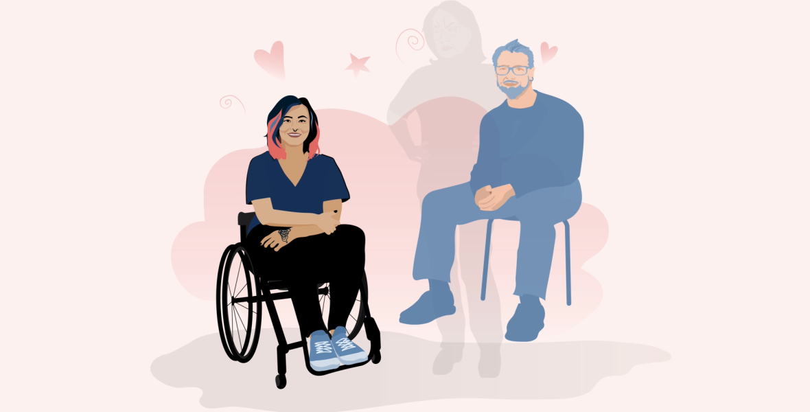 illustration av Kvinna i rullstol och hennes pojkvän
