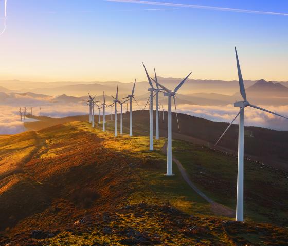 Wind turbines on a hill at sunrise 