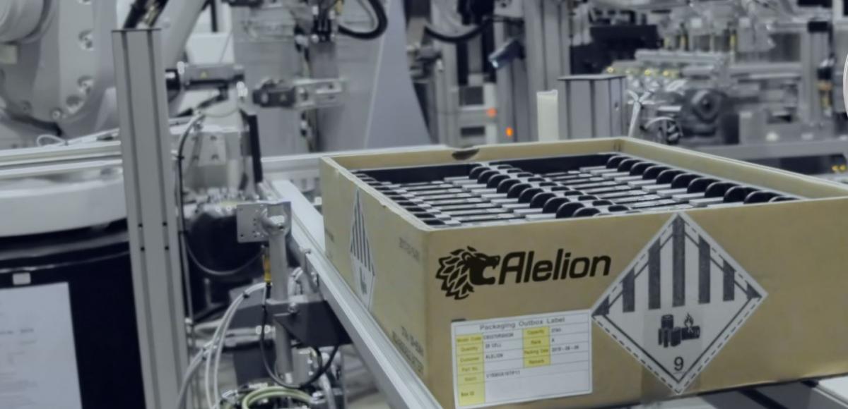 Box of Alelion batteries in a production line
